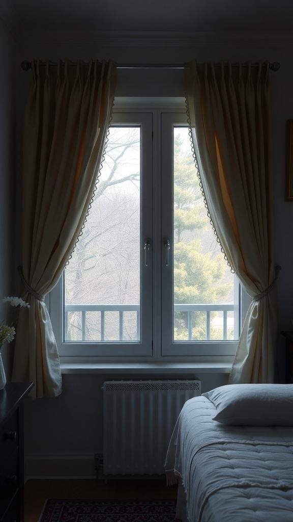 10 Creative Small Bedroom Ideas to Maximize Space 20 A cozy bedroom window with soft, light-colored curtains framing the view.