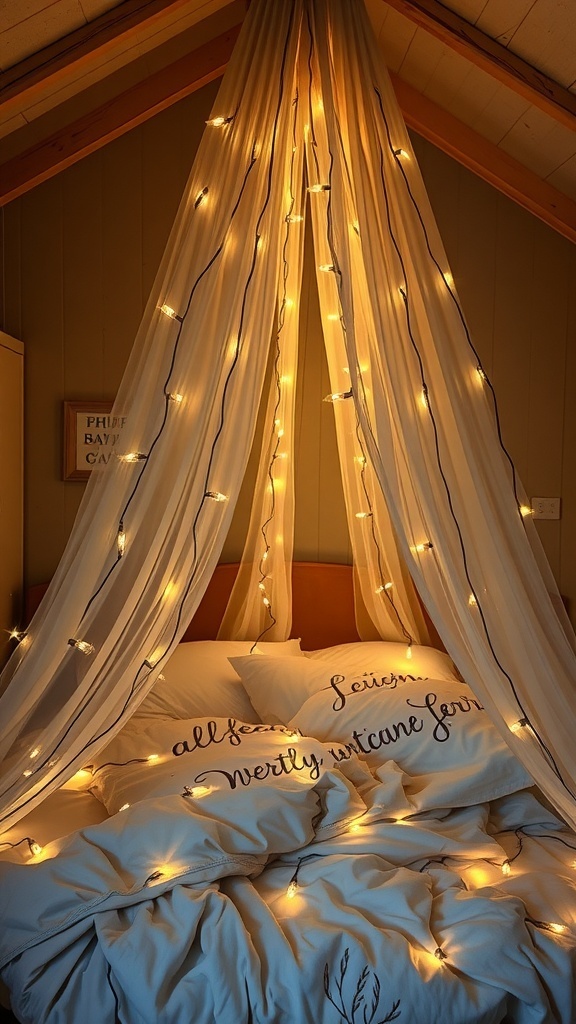 15 Cute Bedroom Ideas to Elevate Your Space 20 A cozy bedroom with a fairy light canopy draped over the bed, creating a warm and inviting atmosphere.