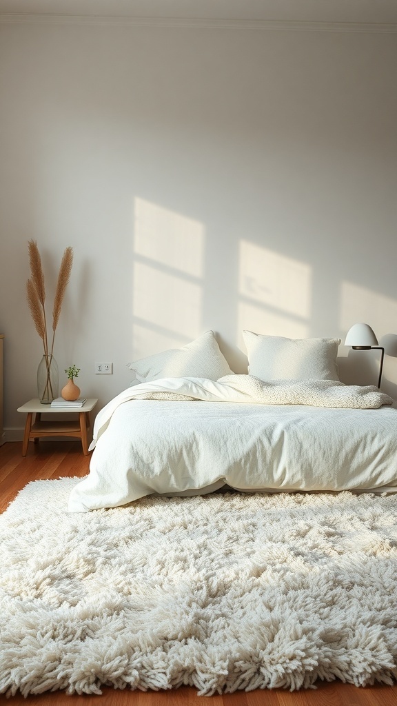 14 Cozy Bedroom Ideas to Transform Your Space 27 Cozy bedroom with a soft white textured rug, a bed with fluffy pillows, and a wooden bedside table.