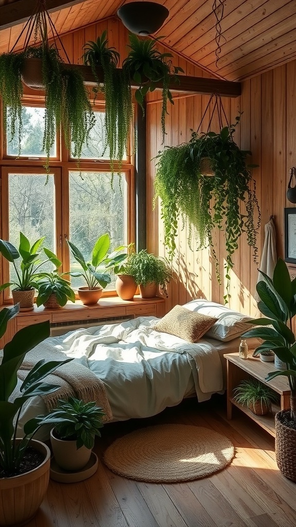 11 Stunning Bedroom Decor Ideas to Transform Your Space 17 A cozy bedroom with wooden walls, large windows, and various plants creating a nature-inspired retreat.