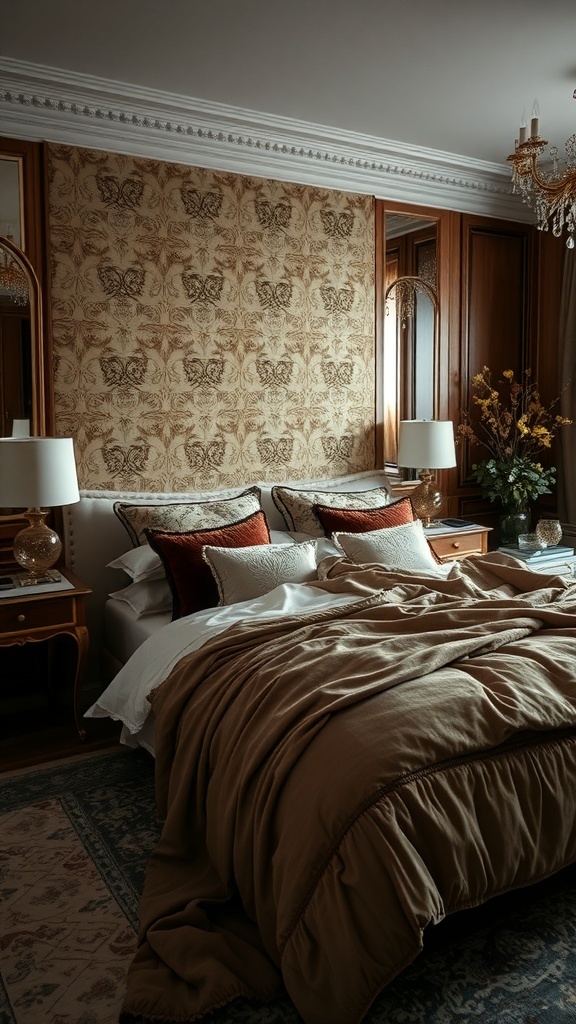 13 Elegant Bedroom Ideas for Grown Women 15 A luxurious bedroom with textured layers, featuring a beautifully made bed with warm bedding, intricate wallpaper, and elegant bedside decor.