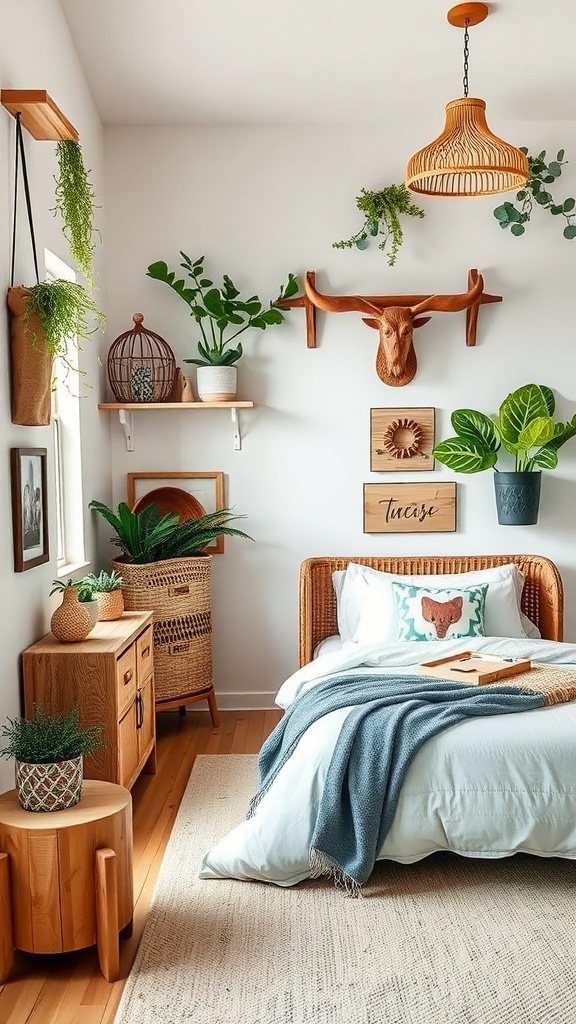 12 Creative Boys Bedroom Ideas for a Fun and Stylish Space 17 A cozy boys bedroom featuring wood accents and greenery, creating a nature-inspired retreat.