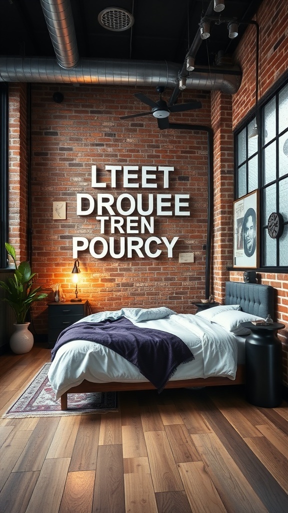 11 Stunning Bedroom Decor Ideas to Transform Your Space 13 A stylish industrial loft bedroom featuring exposed brick walls, a cozy bed, and modern decor.