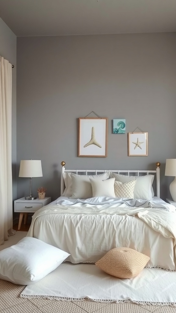 16 Stunning Grey Bedroom Ideas to Transform Your Space 30 A serene grey bedroom with coastal decor, featuring a white bed, soft pillows, and ocean-themed artwork.