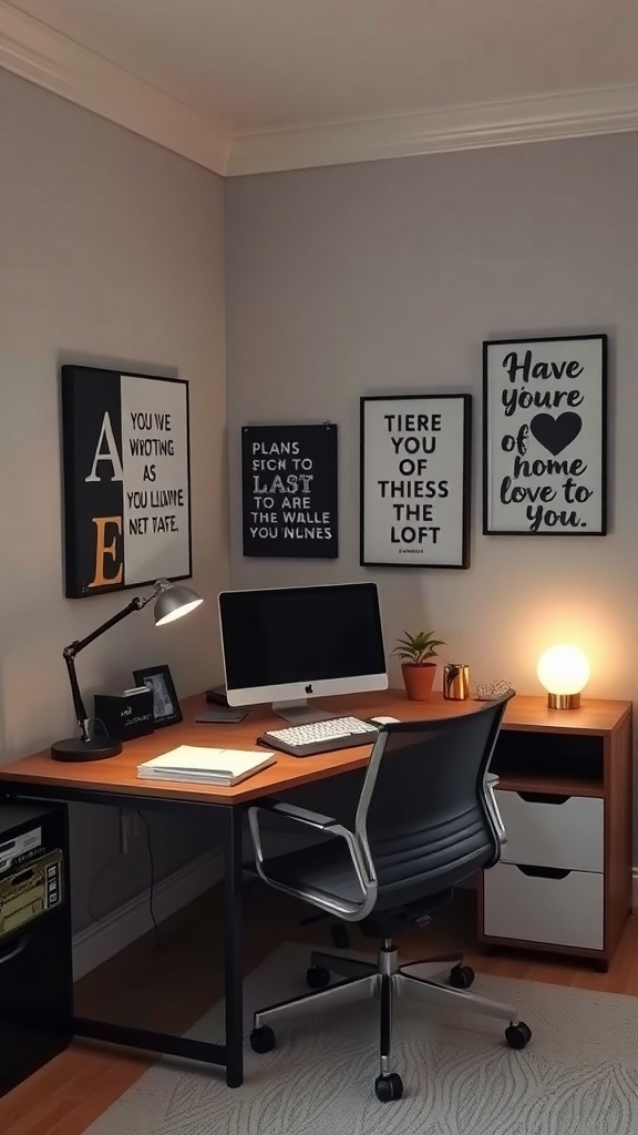 17 Stylish Home Office Guest Room Combos for Ultimate Efficiency 27 A stylish home office with a desk, computer, and motivational wall art.