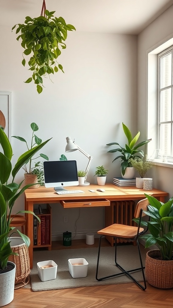 12 Inspiring Home Office Layout Ideas for Ultimate Productivity 17 A cozy home office with a wooden desk, computer, and various plants creating a nature-inspired atmosphere.