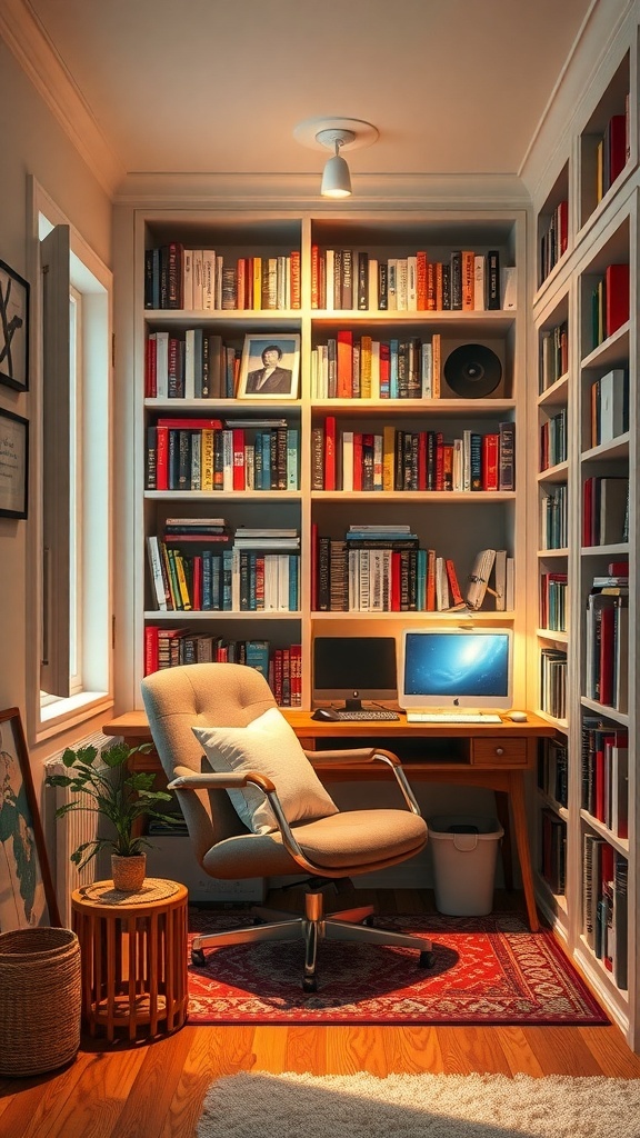 12 Inspiring Home Office Layout Ideas for Ultimate Productivity 14 A cozy home office nook with bookshelves, a desk, and a comfortable chair.