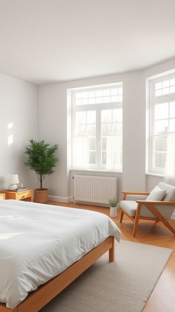 15 Inspiring Bedroom Ideas to Transform Your Space 23 A serene minimalist bedroom featuring a wooden bed, potted plants, and large windows allowing natural light.