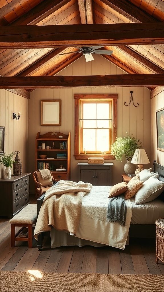 9 Stunning Bedroom Design Ideas to Transform Your Space 12 A cozy rustic farmhouse bedroom with wooden beams, a comfortable bed, and natural light.