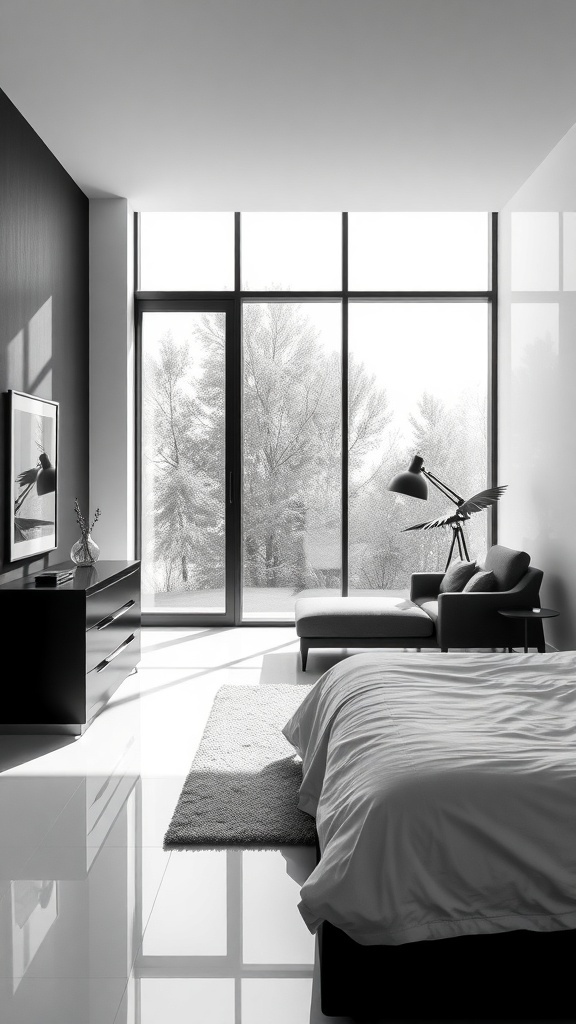 A black and white minimalist bedroom with large windows and simple furniture.