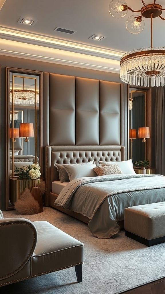 13 Elegant Bedroom Ideas for Grown Women 17 A luxurious bedroom featuring a tufted headboard, elegant chandelier, and soft color palette.