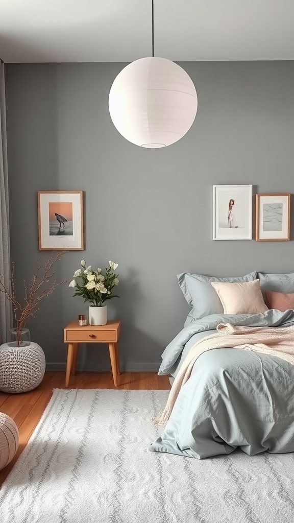 16 Stunning Grey Bedroom Ideas to Transform Your Space 23 A grey bedroom featuring soft pastel accents with blue bedding, pink pillows, and a modern pendant light.