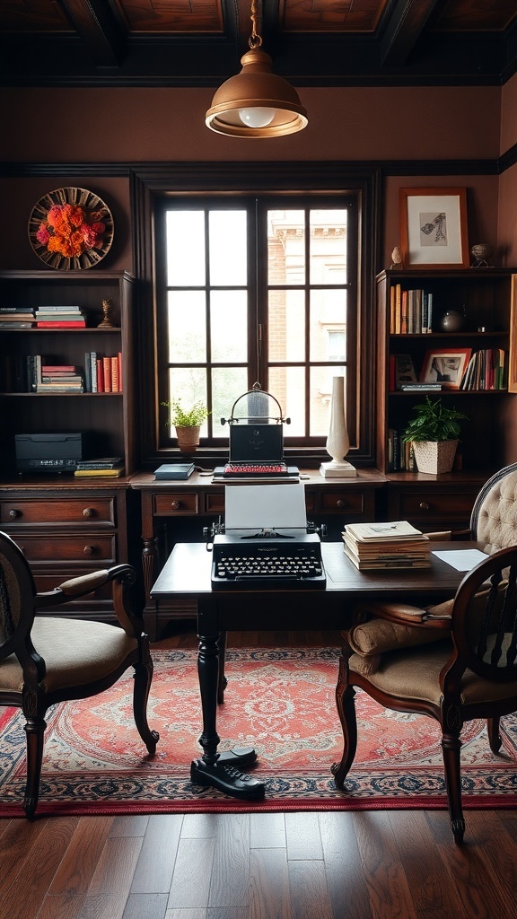 10 Must-Have Masculine Decor Items for Your Home Office 15 A vintage masculine home office featuring a wooden desk, typewriter, and bookshelves.