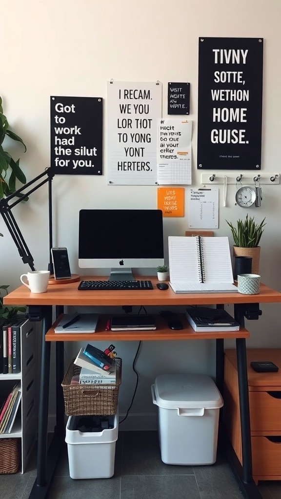 13 Must-Have Standing Desks for Your Home Office Setup 21 A stylish standing desk setup with motivational wall art, a computer, and organized storage in a home office.