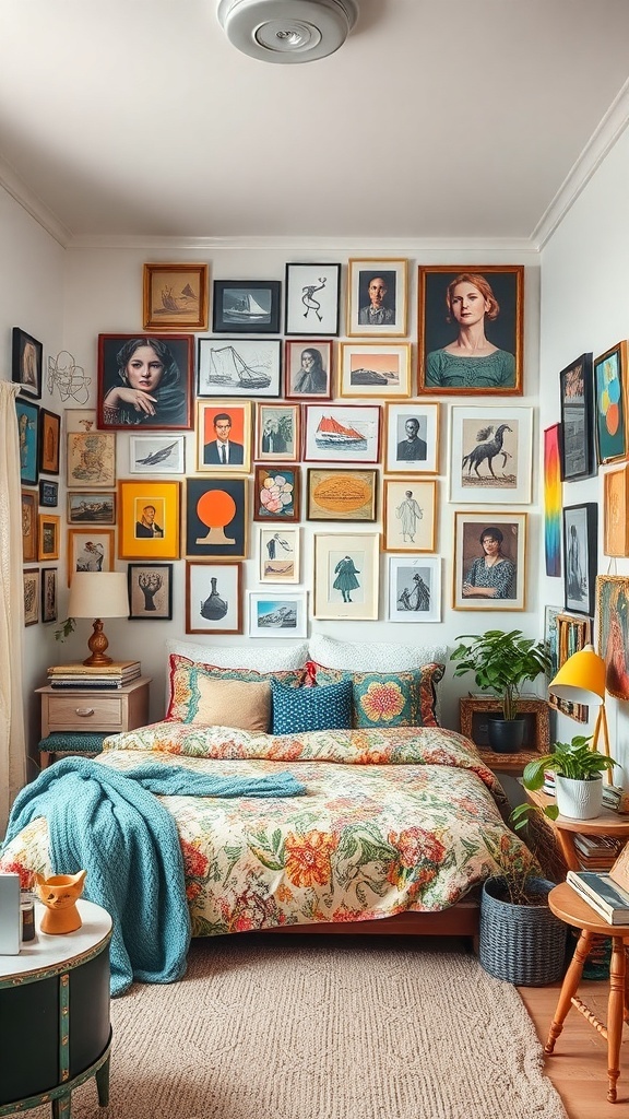 15 Inspiring Bedroom Ideas to Transform Your Space 30 A cozy bedroom featuring a wall of framed artwork, a colorful bedspread, and decorative plants.