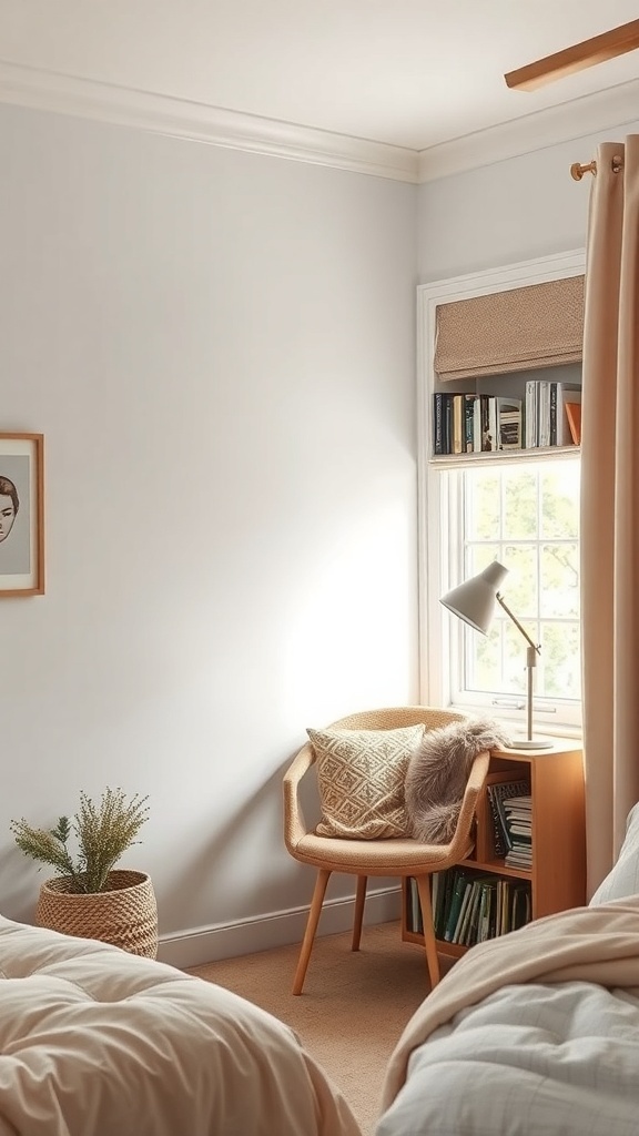 15 Cute Bedroom Ideas to Elevate Your Space 23 A cozy reading nook featuring a comfortable chair, a small bookshelf, and natural light from a window.