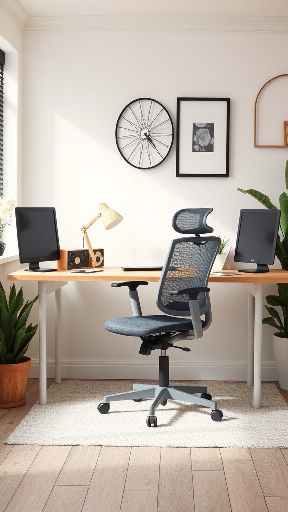15 Must-Have Items for a Perfect Home Office Setup for Women 5 A comfortable office chair in a stylish home office setup with a wooden desk, plants, and decor.
