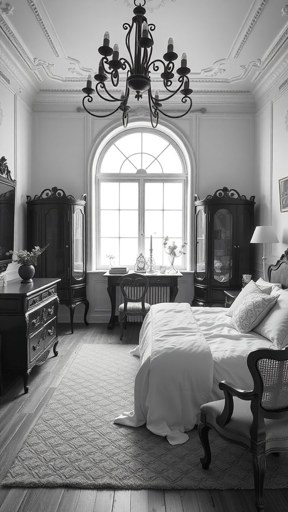 A classic vintage bedroom featuring a chandelier, elegant furniture, and a large window.