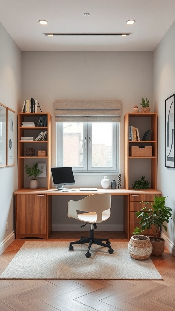 15 Creative Small Home Office Ideas for Maximum Productivity 8 A small home office featuring a wooden desk, shelves, and a window with natural light.