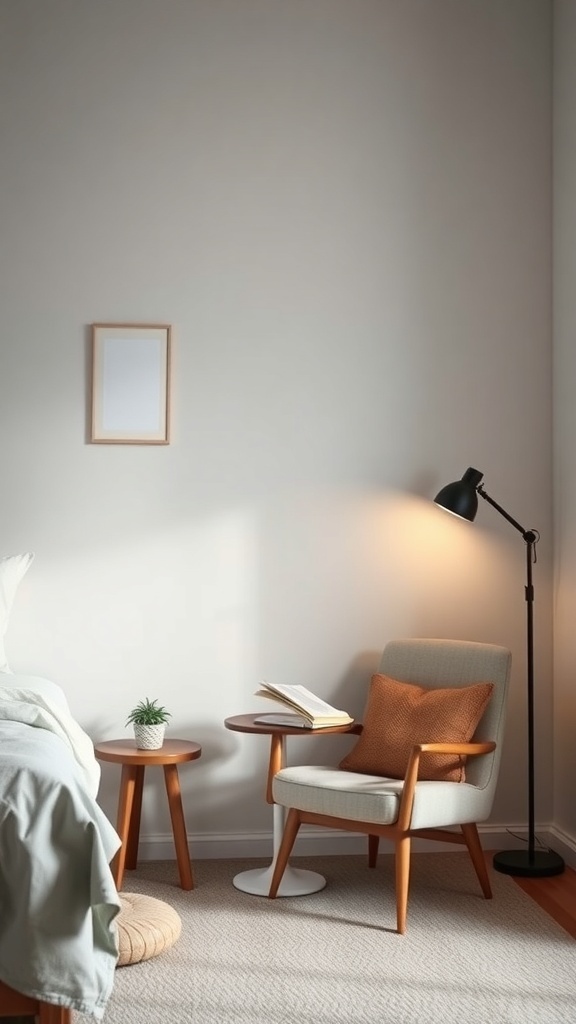 10 Minimal Bedroom Ideas for a Calm and Clutter-Free Space 10 A cozy reading nook in a minimal bedroom featuring a comfortable chair, side tables, a plant, and warm lighting.