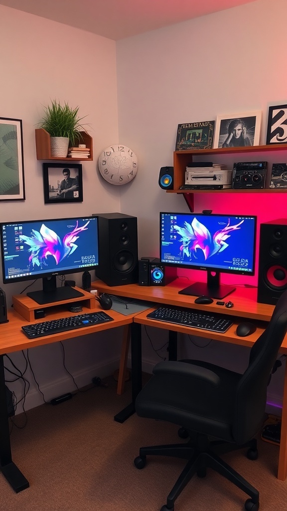 10 Stylish His and Her Office Spaces for Your Home 4 A personalized tech setup with dual monitors, speakers, and stylish decor.