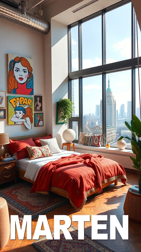 10 Stylish Bedroom Ideas Every Man Will Love 13 A stylish bedroom with large windows, red bedding, and urban artwork.