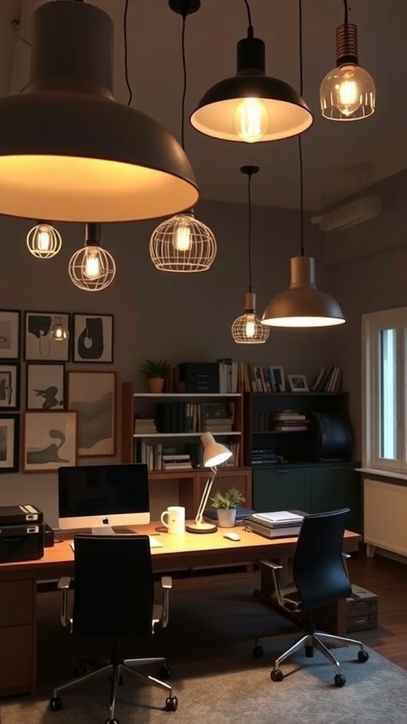 10 Stylish His and Her Office Spaces for Your Home 10 A stylish home office with various light fixtures including pendant lights and a desk lamp.
