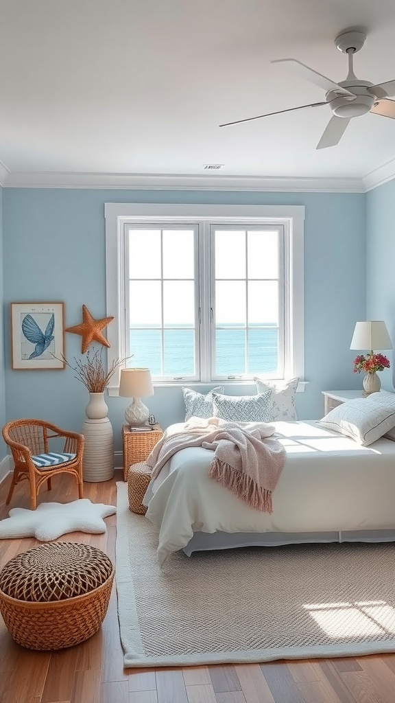 13 Stunning Bedroom Design Styles You Need to Try 6 A serene coastal-themed bedroom with light blue walls, a cozy bed, and natural decor elements.