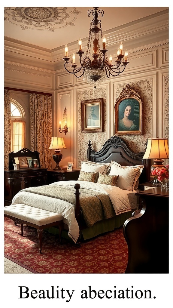 11 Stunning Bedroom Decor Ideas to Transform Your Space 14 A vintage glam bedroom featuring an ornate chandelier, antique furniture, and elegant decor.