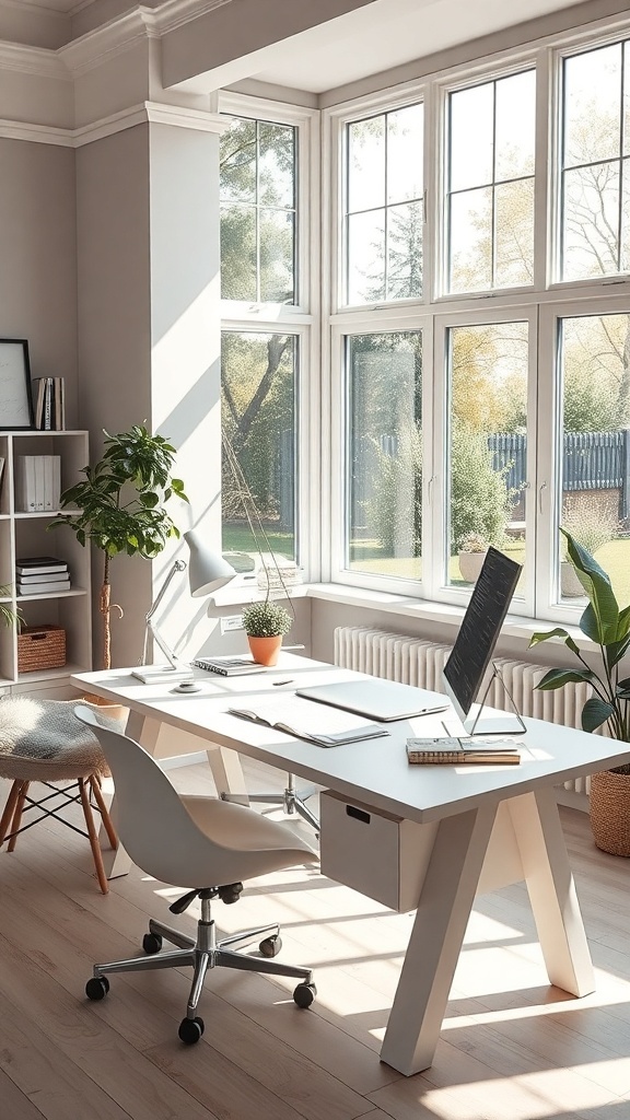 12 Inspiring Home Office Layout Ideas for Ultimate Productivity 23 A bright home office with large windows, a minimalist desk, and plants.