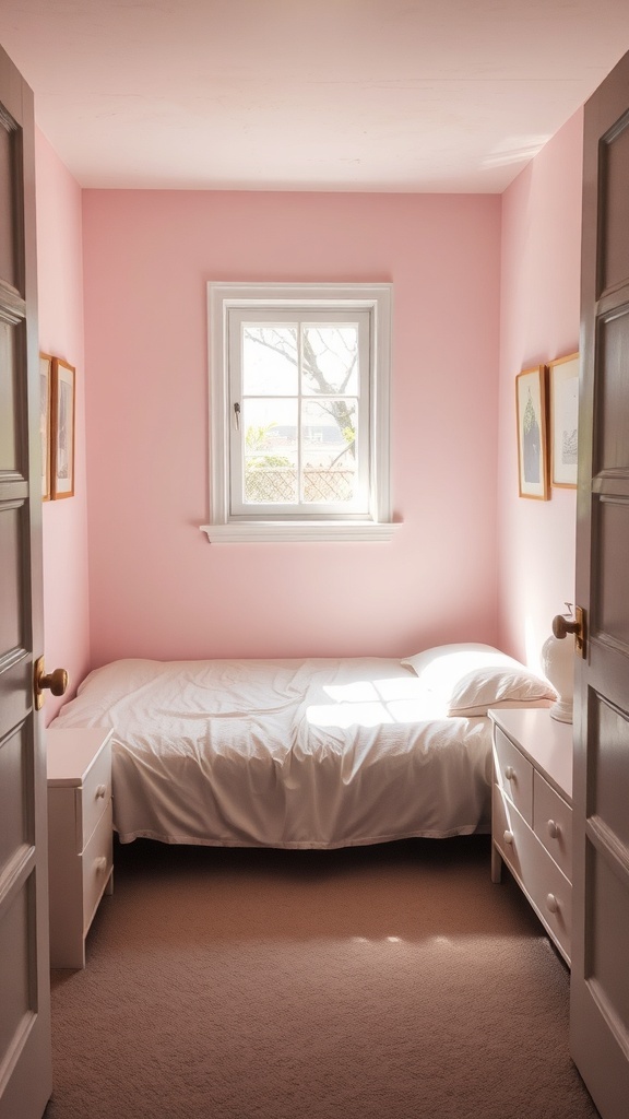 13 Creative Bedroom Ideas for Small Spaces 16 A small bedroom with light pink walls, white bedding, and a window letting in natural light.