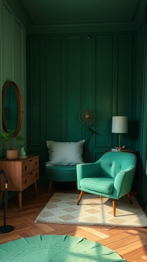 12 Inspiring Green Bedroom Ideas for a Refreshing Retreat 19 A cozy bedroom corner with teal accent furniture, including an armchair and ottoman, against green walls.