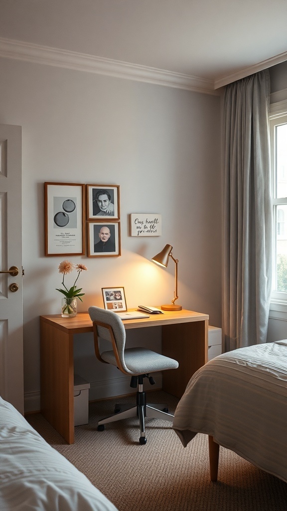 15 Cute Bedroom Ideas to Elevate Your Space 27 A cozy workspace corner in a bedroom featuring a wooden desk, comfortable chair, and framed pictures.