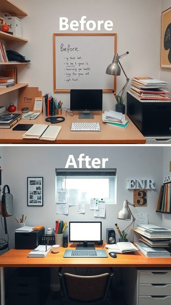 13 Essential Tips for an Organized Home Office 6 Before and after images of a desk showing a cluttered workspace transformed into an organized one.