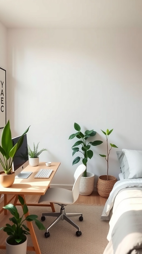 17 Stylish Home Office Guest Room Combos for Ultimate Efficiency 28 A serene home office with a desk, computer, and plants, alongside a cozy bed.
