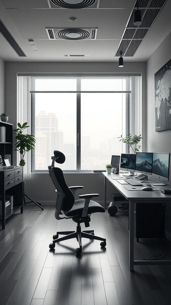12 Stylish Home Office Ideas for Women 7 A modern home office setup featuring multiple monitors, an ergonomic chair, and a large window with natural light.