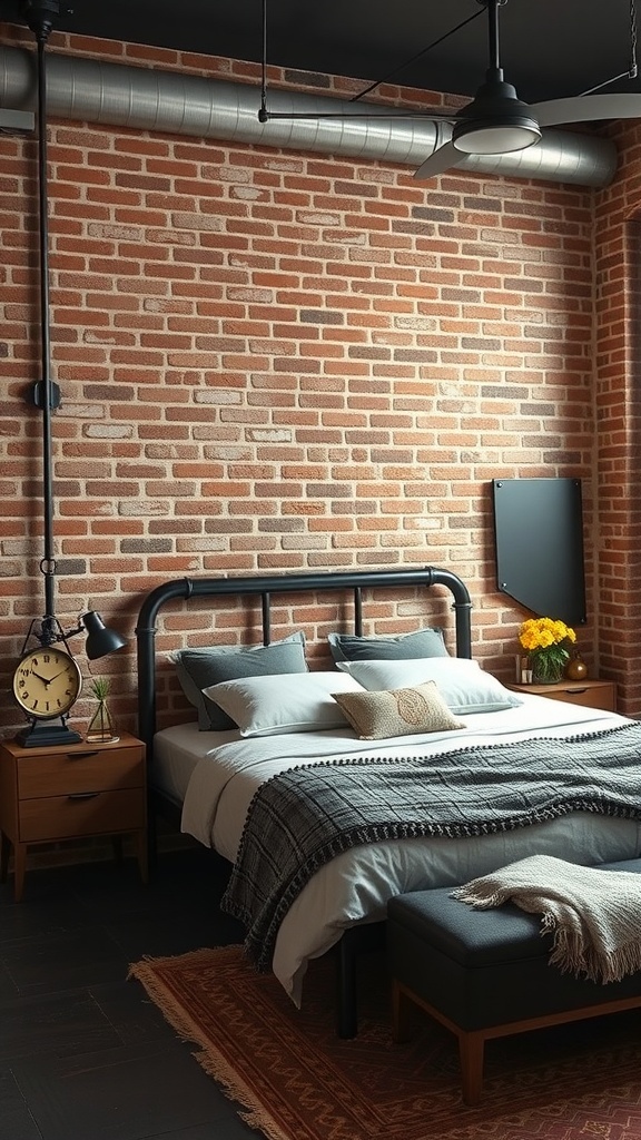 9 Stunning Bedroom Design Ideas to Transform Your Space 13 A stylish bedroom featuring a brick wall, metal bed frame, cozy bedding, and industrial lighting.