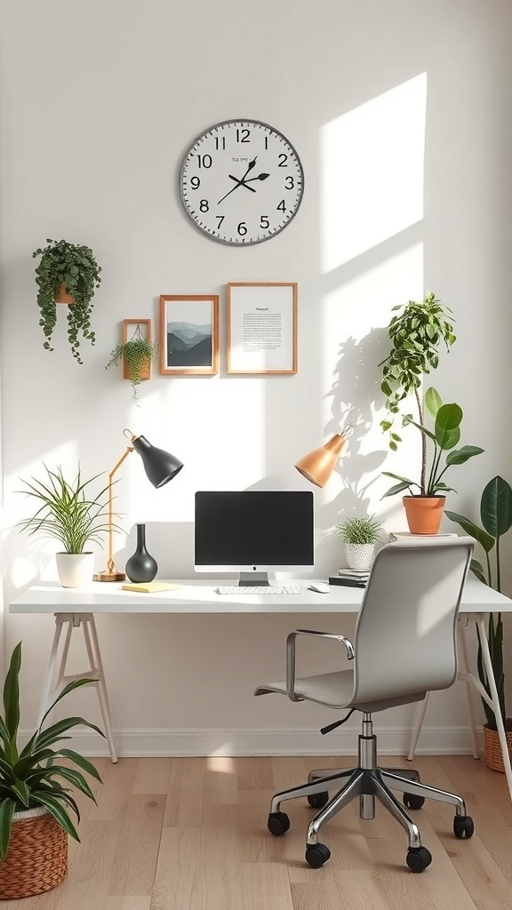 15 Creative Small Home Office Ideas for Maximum Productivity 9 A bright small home office with a desk, computer, plants, and a wall clock.