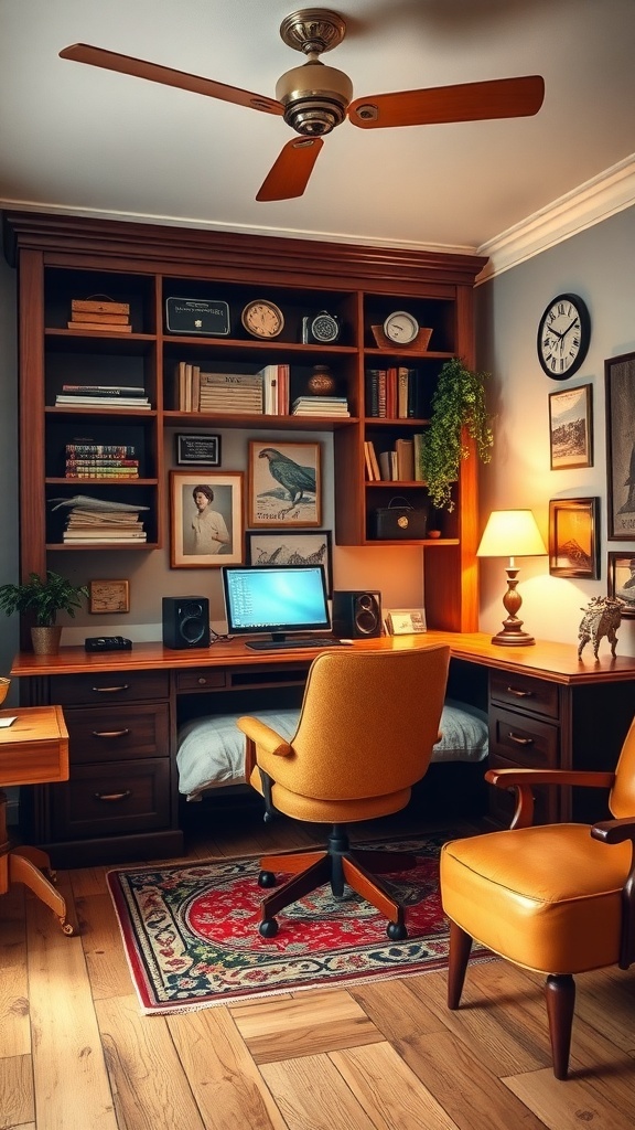 19 Creative Murphy Bed Office Guest Bedrooms Ideas 9 A vintage-style office with retro furniture, featuring a wooden desk, yellow chair, and decorative shelves.