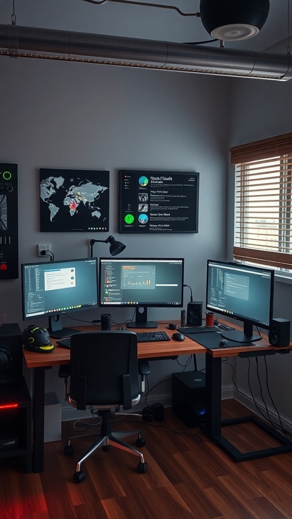 11 Essential Tips for Organizing Your Home Office for Maximum Productivity 6 A modern home office setup with multiple monitors, a desk, and a wall-mounted screen.