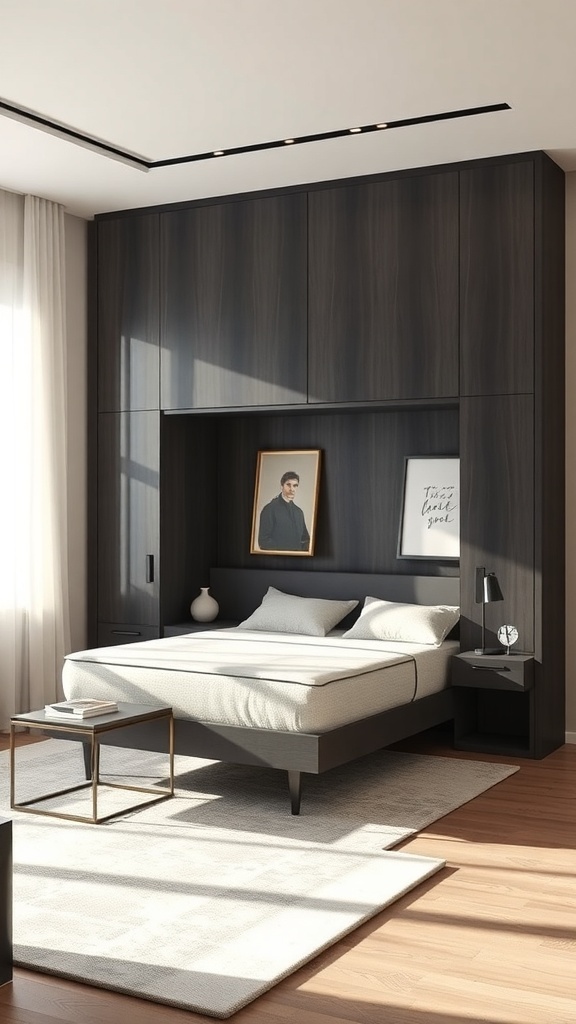 19 Creative Murphy Bed Office Guest Bedrooms Ideas 3 A modern minimalist room featuring a Murphy bed, dark wood cabinetry, and a simple nightstand.