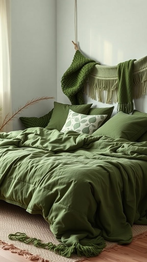 12 Inspiring Green Bedroom Ideas for a Refreshing Retreat 21 A cozy green bedroom featuring layered green textiles on the bed, including blankets and pillows.