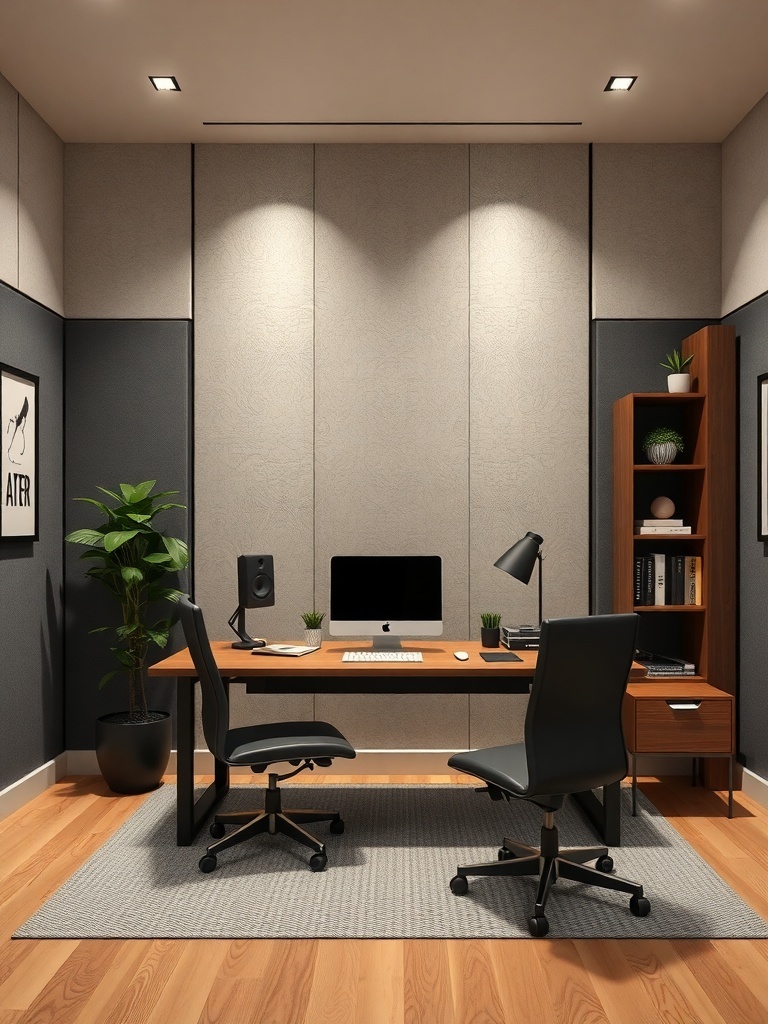 18 Stylish Modern Home Office Ideas to Inspire Your Space 32 A modern home office featuring soundproof walls, a wooden desk, and ergonomic chairs.