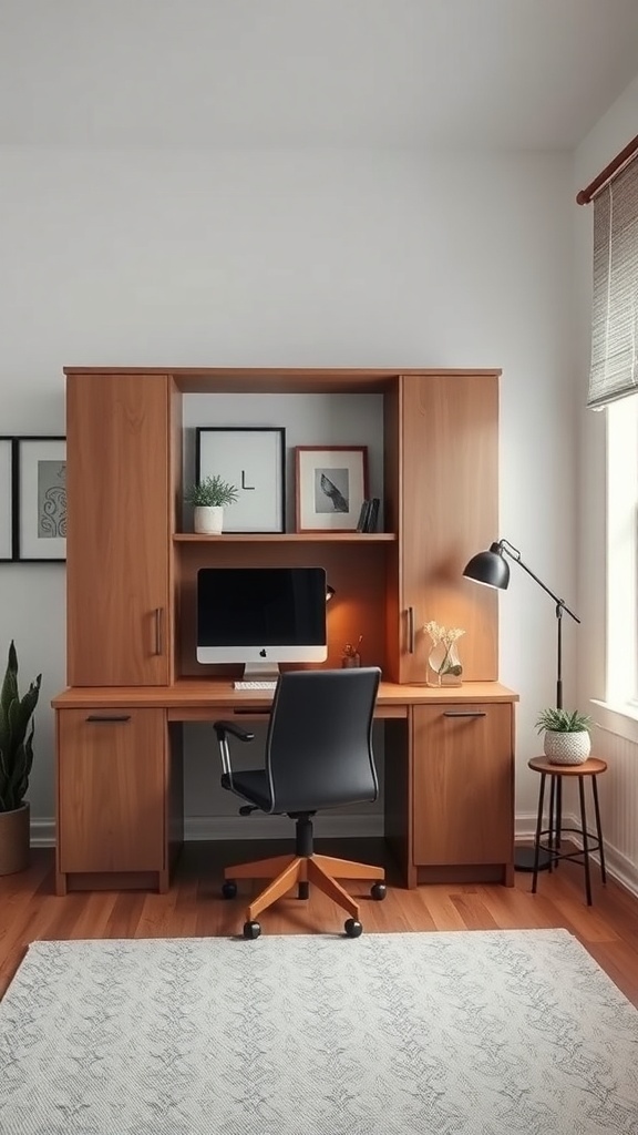 12 Stylish Home Offices Featuring Murphy Beds for Multi-Functional Spaces 17 A compact home office featuring a wooden desk with a computer, lamp, and decorative items, designed to maximize small spaces.