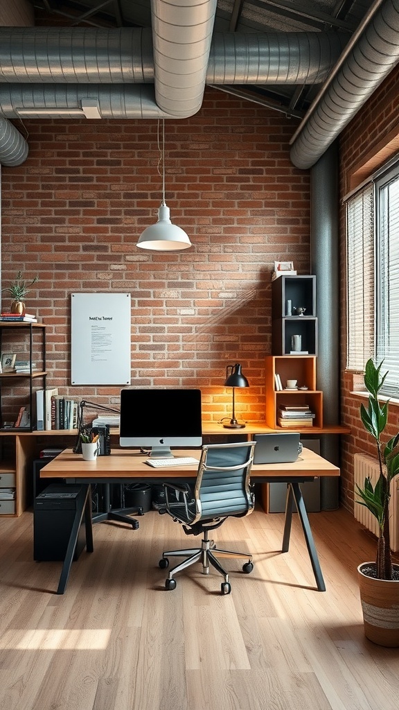 15 Stylish Moody Home Office Ideas for Ultimate Productivity 16 A stylish industrial chic home office featuring a wooden desk, modern chair, exposed brick wall, and plants.