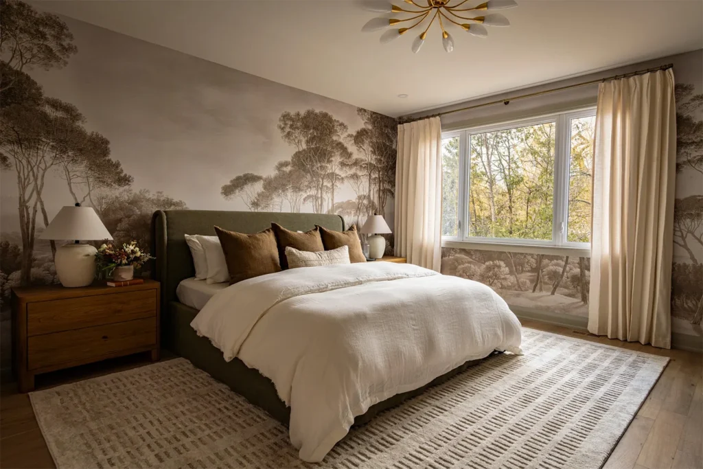 fall bedroom with a forest scene mural