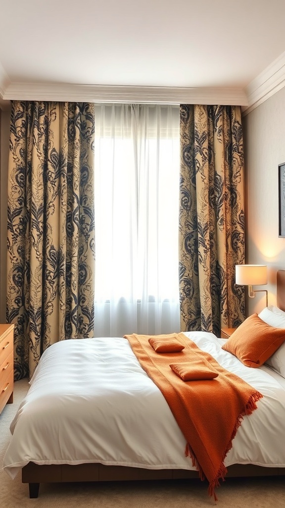 A modern bedroom featuring patterned curtains, a white bedspread, and orange accents.
