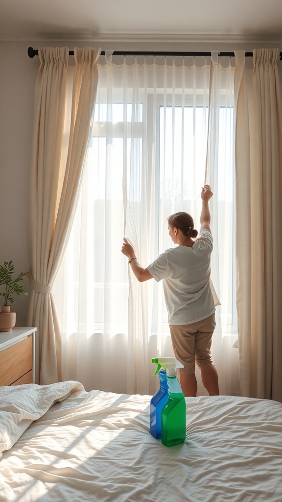 A person adjusting light curtains in a bedroom with cleaning supplies nearby.