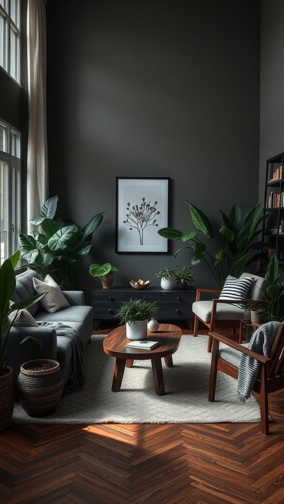 10 Stunning Dark Home Decor Ideas to Transform Your Space 3 A cozy living room with dark walls, plants, and natural decor elements.
