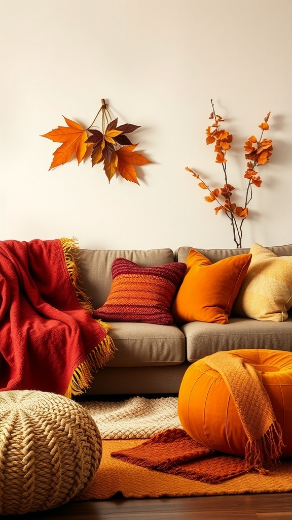 Cozy living room decor with warm colors and textiles for fall